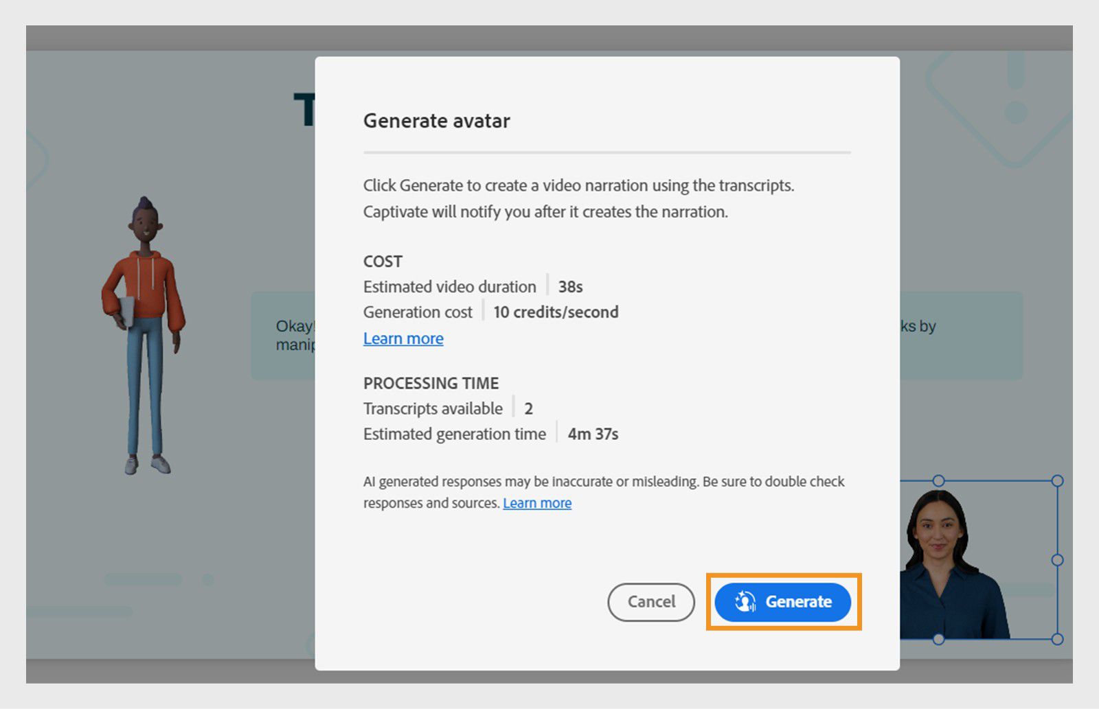 Review processing time and cost for avatar generations