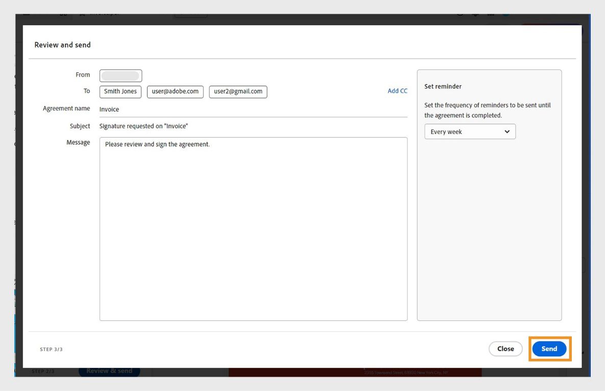 עמוד סקירה ושליחה עם פרטי ההסכם, רשימת נמענים, תדירות תזכורת ולחצן Send מודגש.