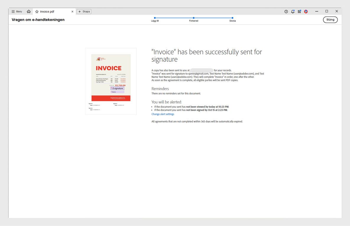 Sidan Granska och skicka med avtalsdetaljer, mottagarlista, påminnelsefrekvens och knappen Skicka markerad.