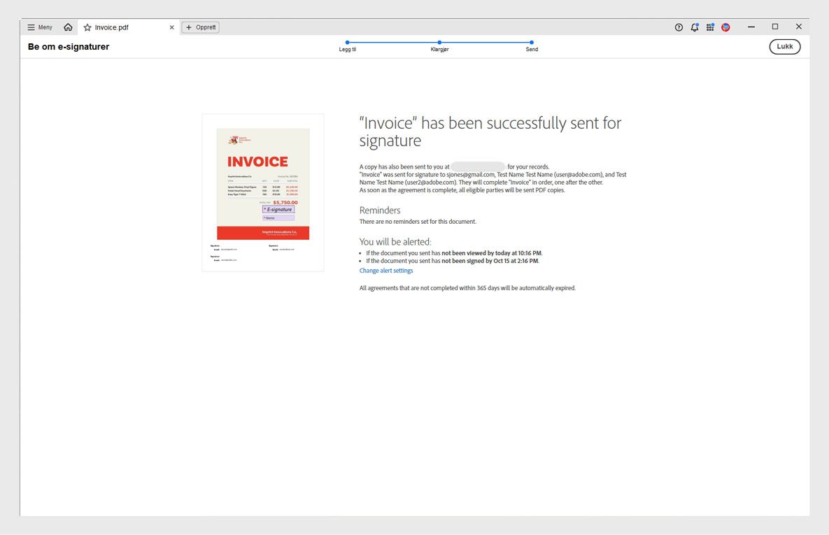 Gjennomgå og send-siden med avtaledetaljer, mottakerliste, påminnelsesfrekvens og Send-knappen uthevet.