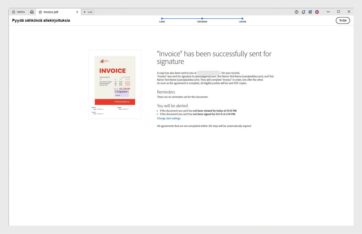 Tarkista ja lähetä -sivu, jossa näkyvät sopimuksen tiedot, vastaanottajaluettelo, muistutustiheys ja korostettu Lähetä-painike.