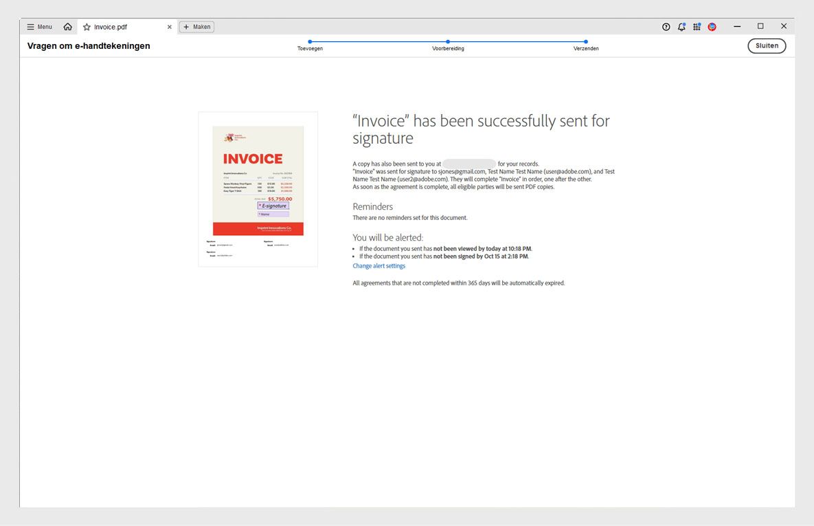 Pagina Controleren en verzenden met overeenkomstdetails, lijst met ontvangers, herinneringsfrequentie en de gemarkeerde knop Verzenden.