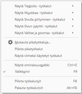 Valitse työkalut, joiden haluat näkyvän