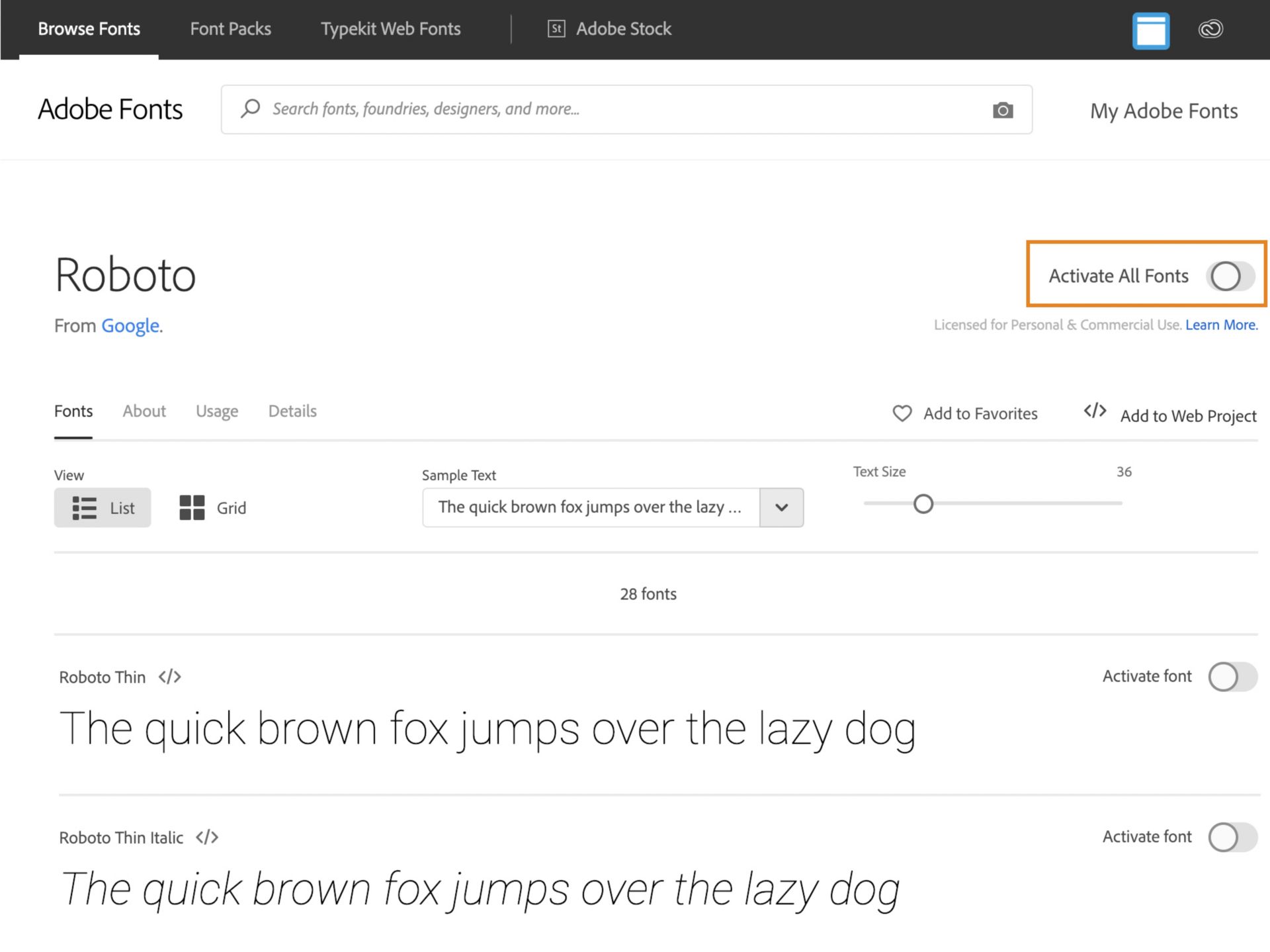 Página da fonte Roboto em fonts.adobe.com