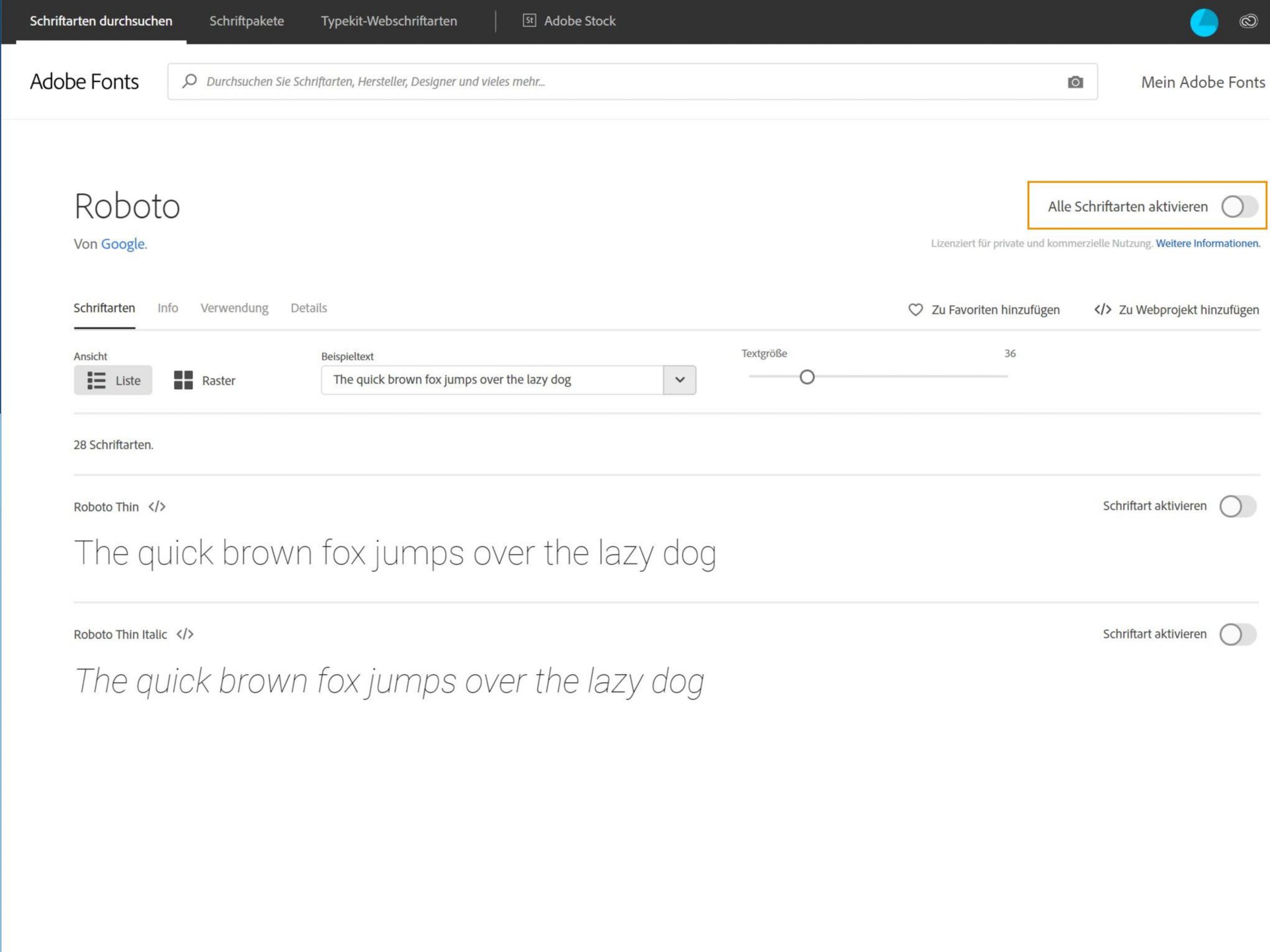 Die Roboto-Seite auf fonts.adobe.com