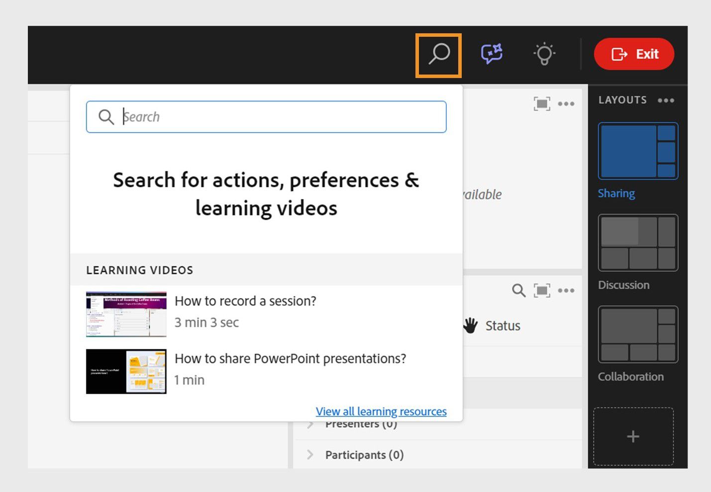 Select the search icon to search for tools or preferences