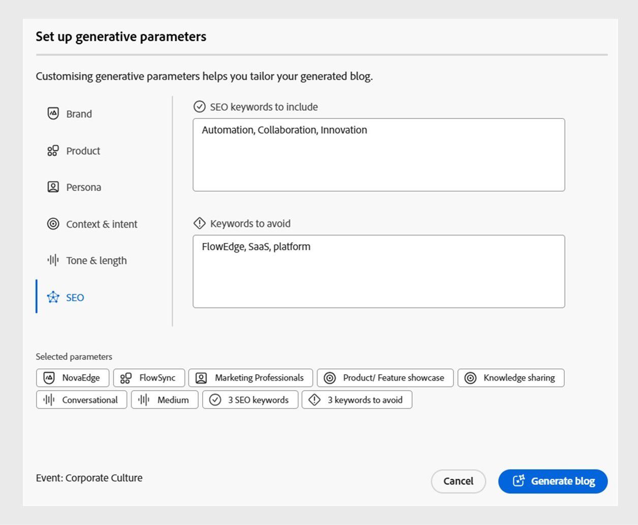 Define the keywords to include and avoid