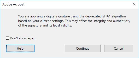 Mesaj de avertizare privind algoritmul SHA1 atunci când semnați în format digital un document PDF în Acrobat sau Acrobat Reader