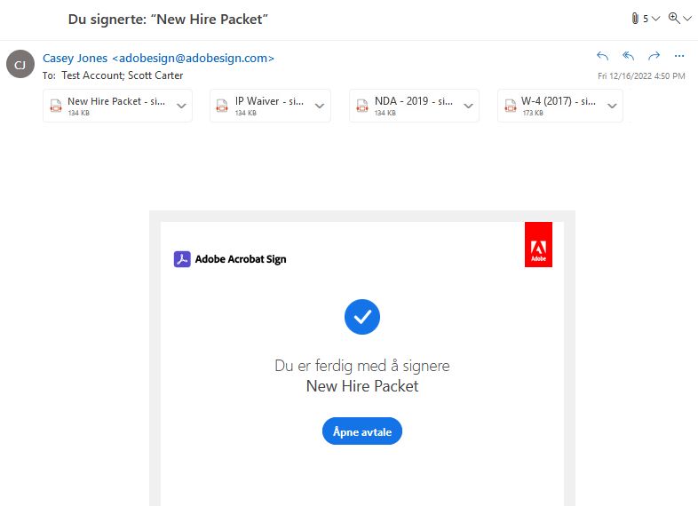 Et bilde av den endelige e-posten med flere vedlegg
