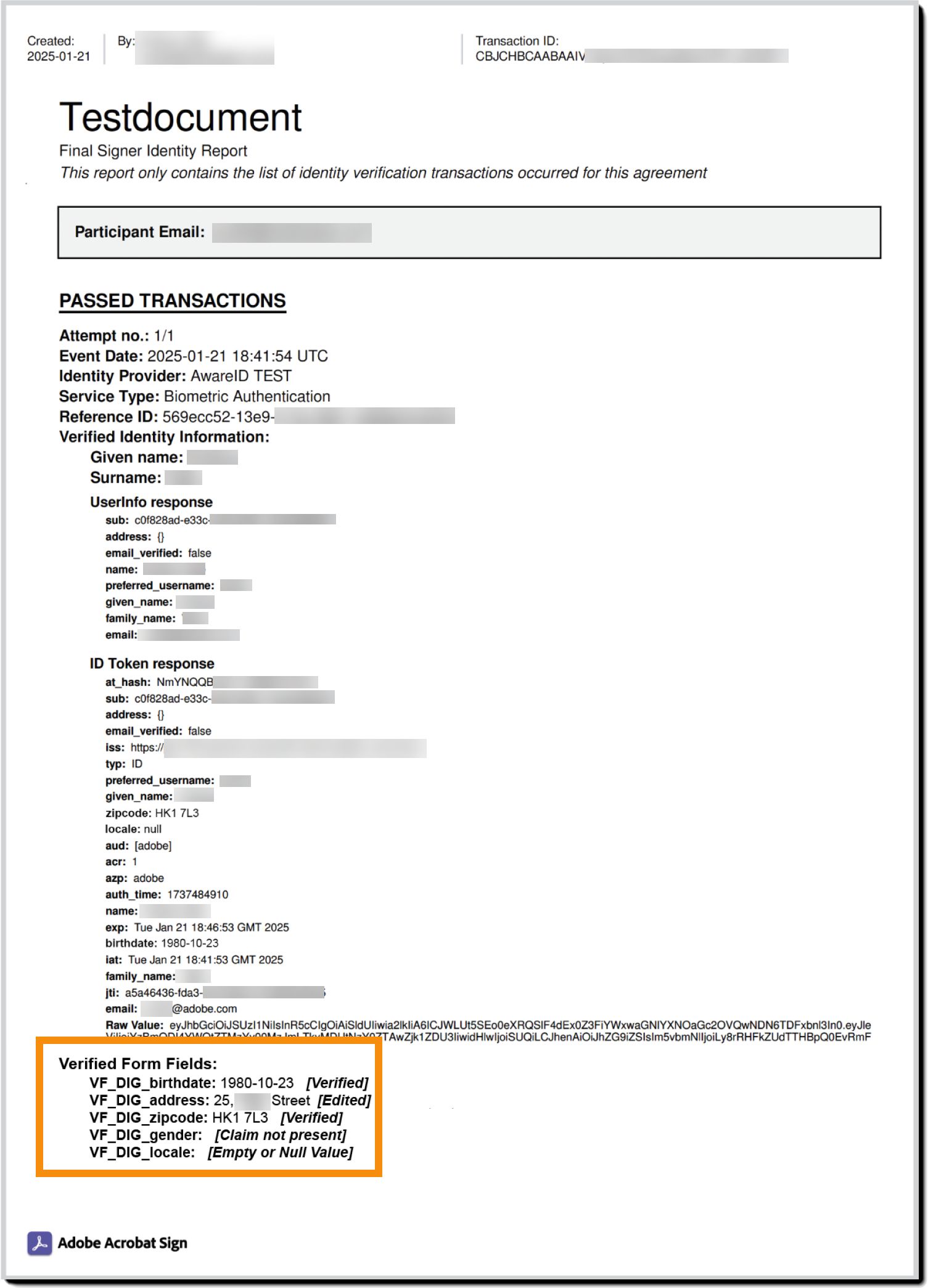 Eksempel på signeringsidentitetsrapport med de verifiserte dataene uthevet