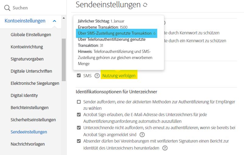 Seite „Sendeeinstellungen“ mit hervorgehobenem Link „Nutzung verfolgen“ und dem Popup-Fenster für Informationen