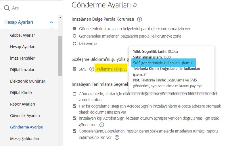 Açılır bilgi penceresi açık, Kullanımı Takip Et bağlantısının vurgulandığı Gönderme Ayarları sayfası