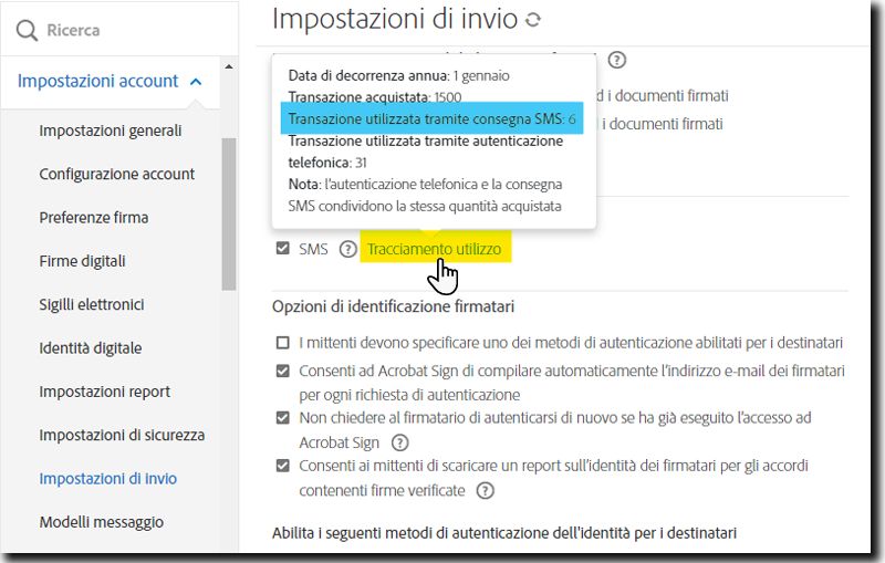 Pagina Impostazioni di invio che evidenzia il collegamento Traccia utilizzo con la finestra a comparsa delle informazioni esposta