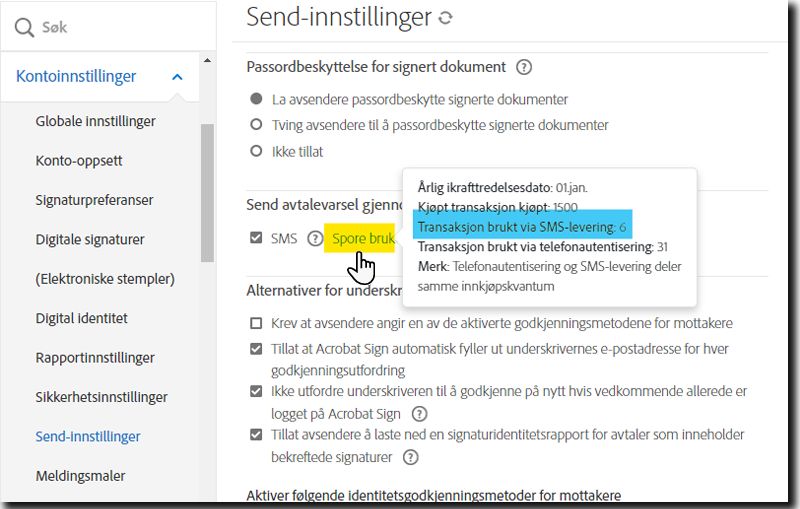 Siden Sendingsinnstillinger uthever koblingen med Spor bruk med synlig popup-informasjon