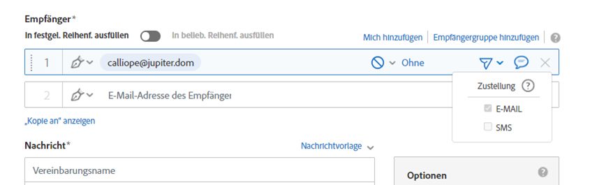 Empfängerdatensatz mit erweiterten Optionen zum Senden von Links und unterdrückten Einstellungen