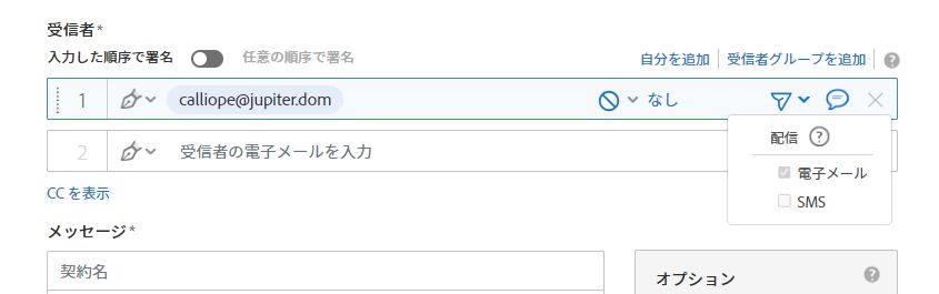 送信リンクオプションが展開され、設定が制限されている受信者レコード