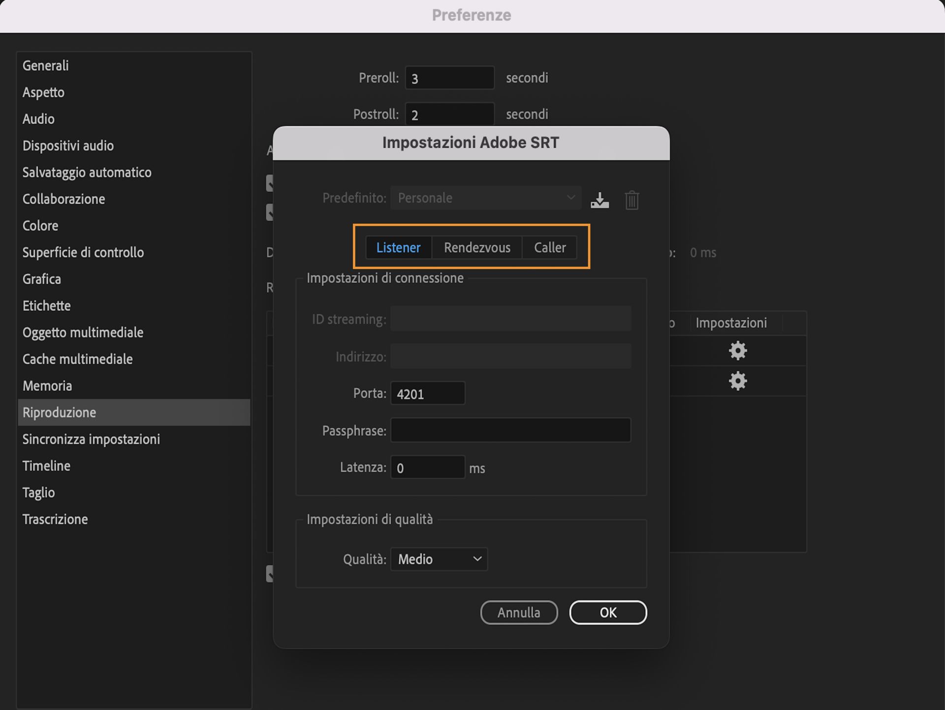 Interfaccia utente delle impostazioni della Riproduzione dispositivo Transmit che mostra l’opzione di Adobe SRT per consentire lo streaming di video e audio in posizioni diverse.