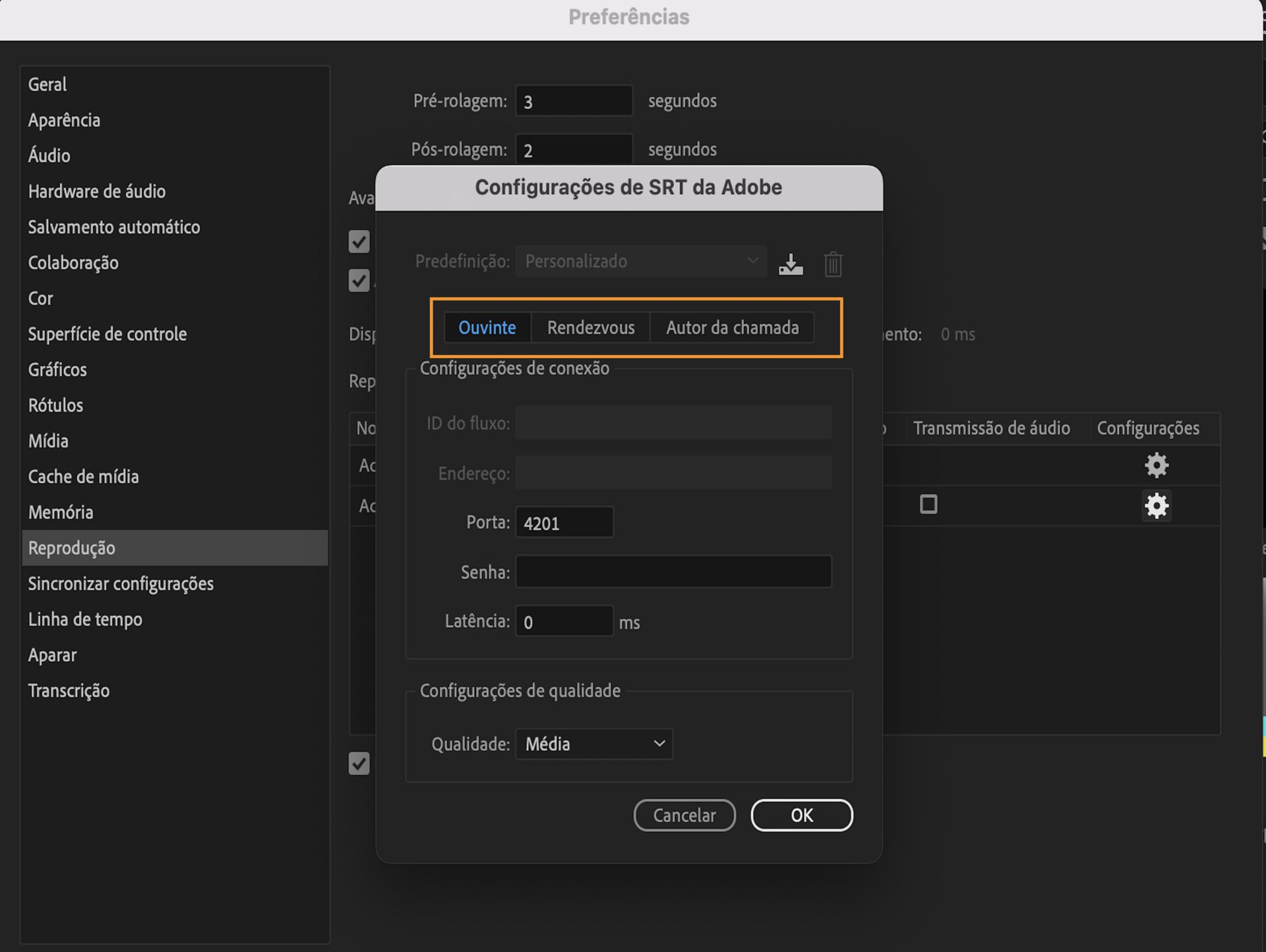 Interface das configurações de reprodução do dispositivo de transmissão mostrando a opção de SRT da Adobe para habilitar a transmissão de vídeo e áudio para locais diferentes.