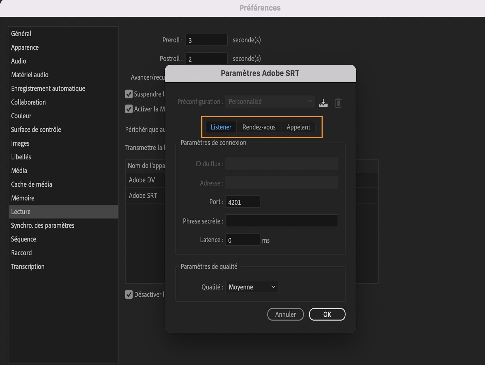 L’interface utilisateur des paramètres de lecture de l’appareil de transmission, affichant l’option Adobe SRT, vous permet de diffuser vos vidéos et audios vers différents emplacements.