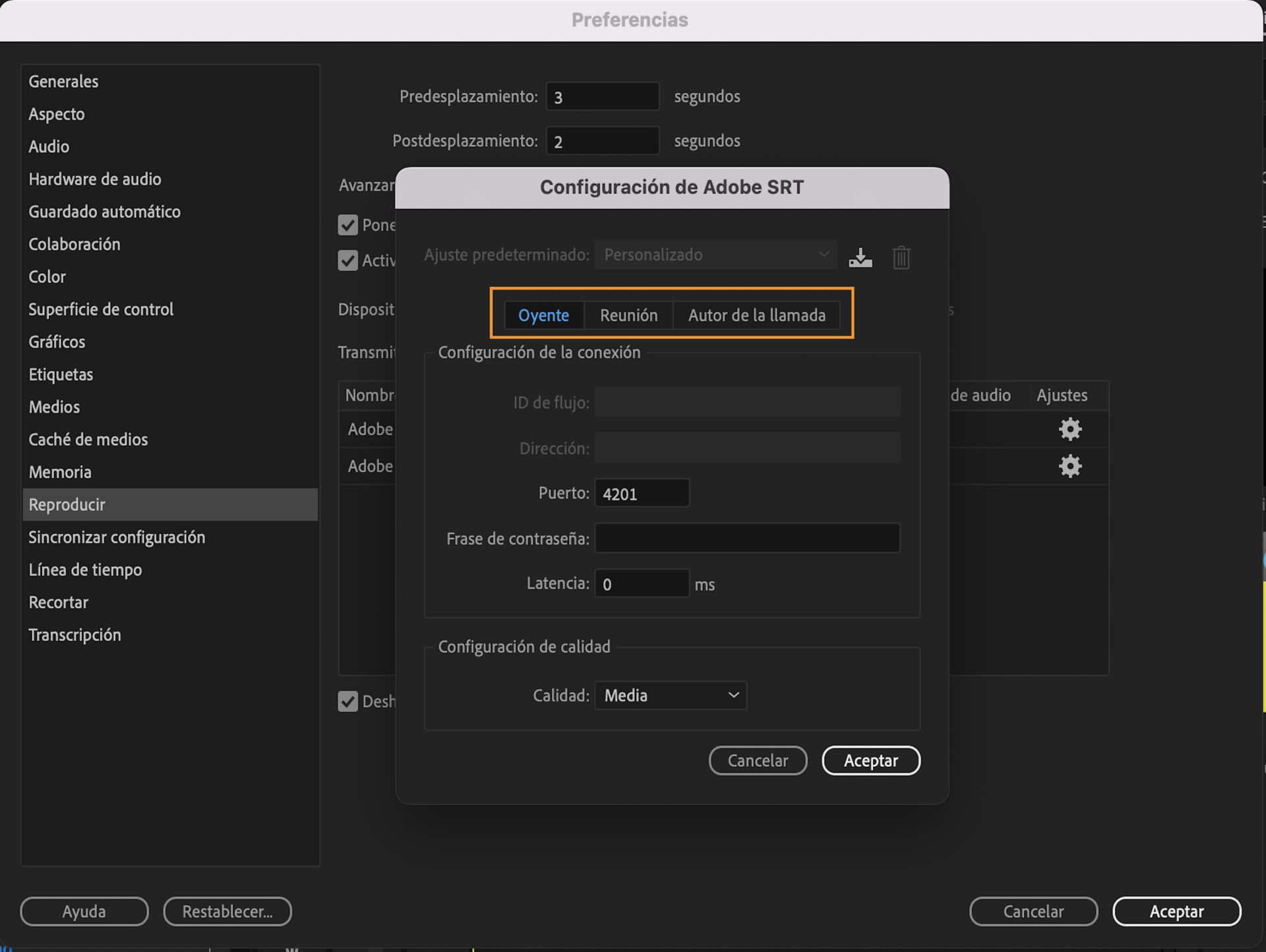 La interfaz de usuario de la configuración de reproducción de dispositivos de transmisión muestra la opción de Adobe SRT para permitir la transmisión de vídeo y audio a diferentes ubicaciones.