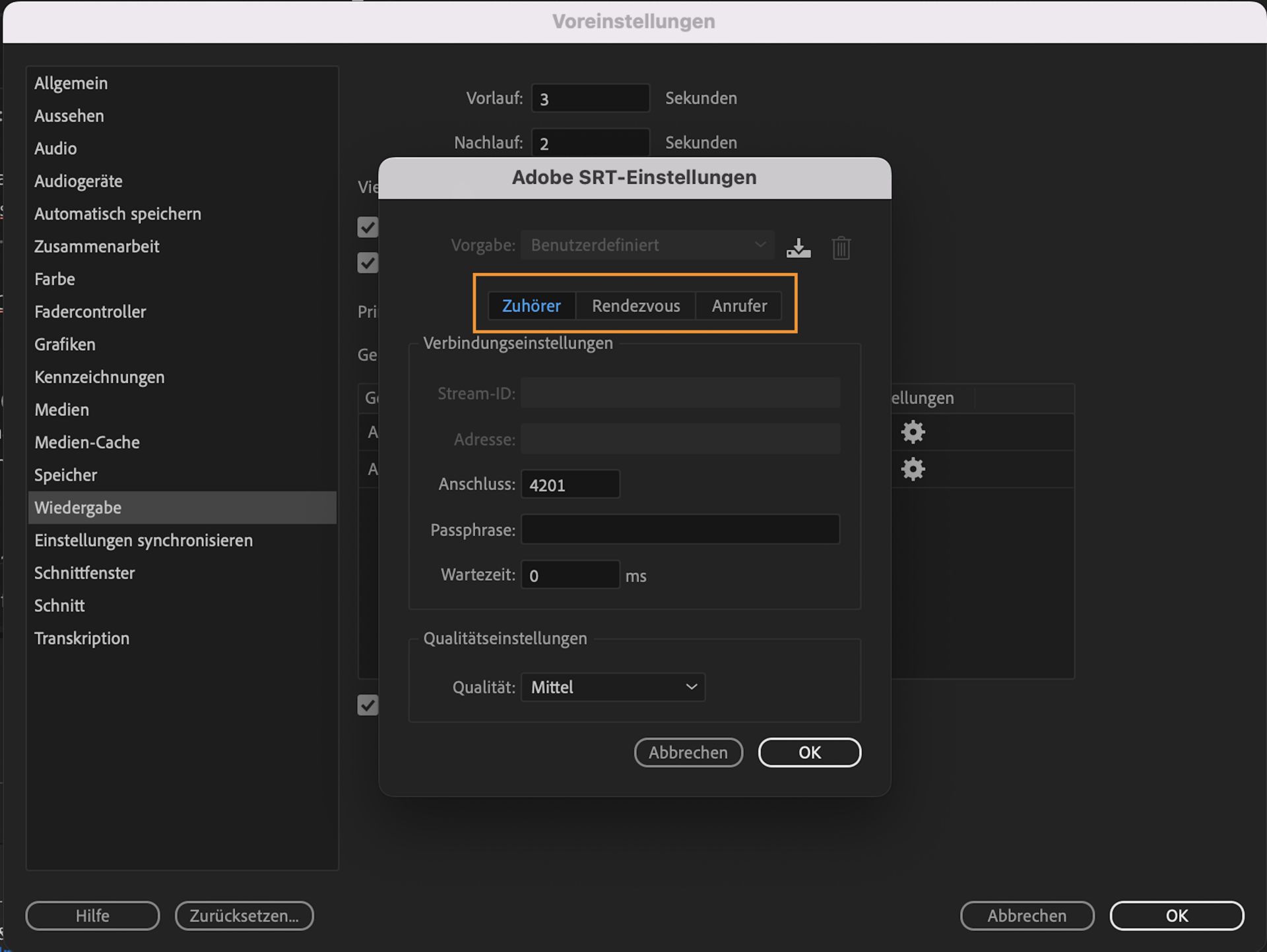 Benutzeroberfläche mit den Einstellungen zum Übertragen der Gerätewiedergabe, die die Option „Adobe SRT“ zum Streamen von Video und Audio an verschiedene Orte zeigt