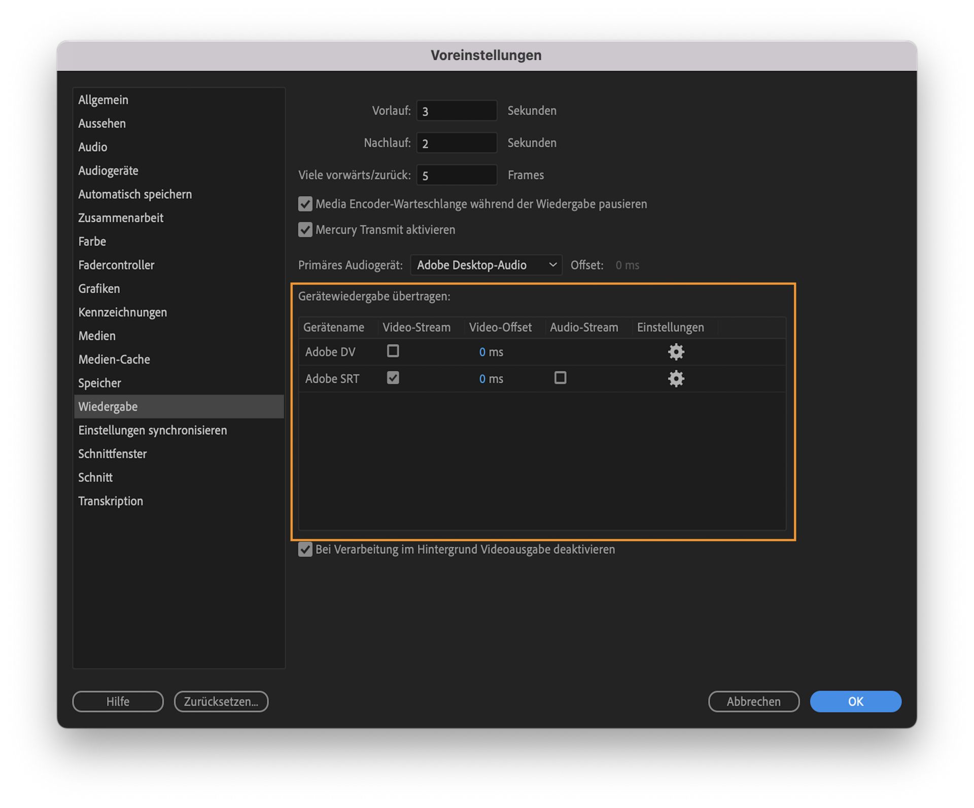 Benutzeroberfläche mit den Einstellungen zum Übertragen der Gerätewiedergabe, die die Option „Adobe SRT“ zum Streamen von Video und Audio an verschiedene Orte zeigt