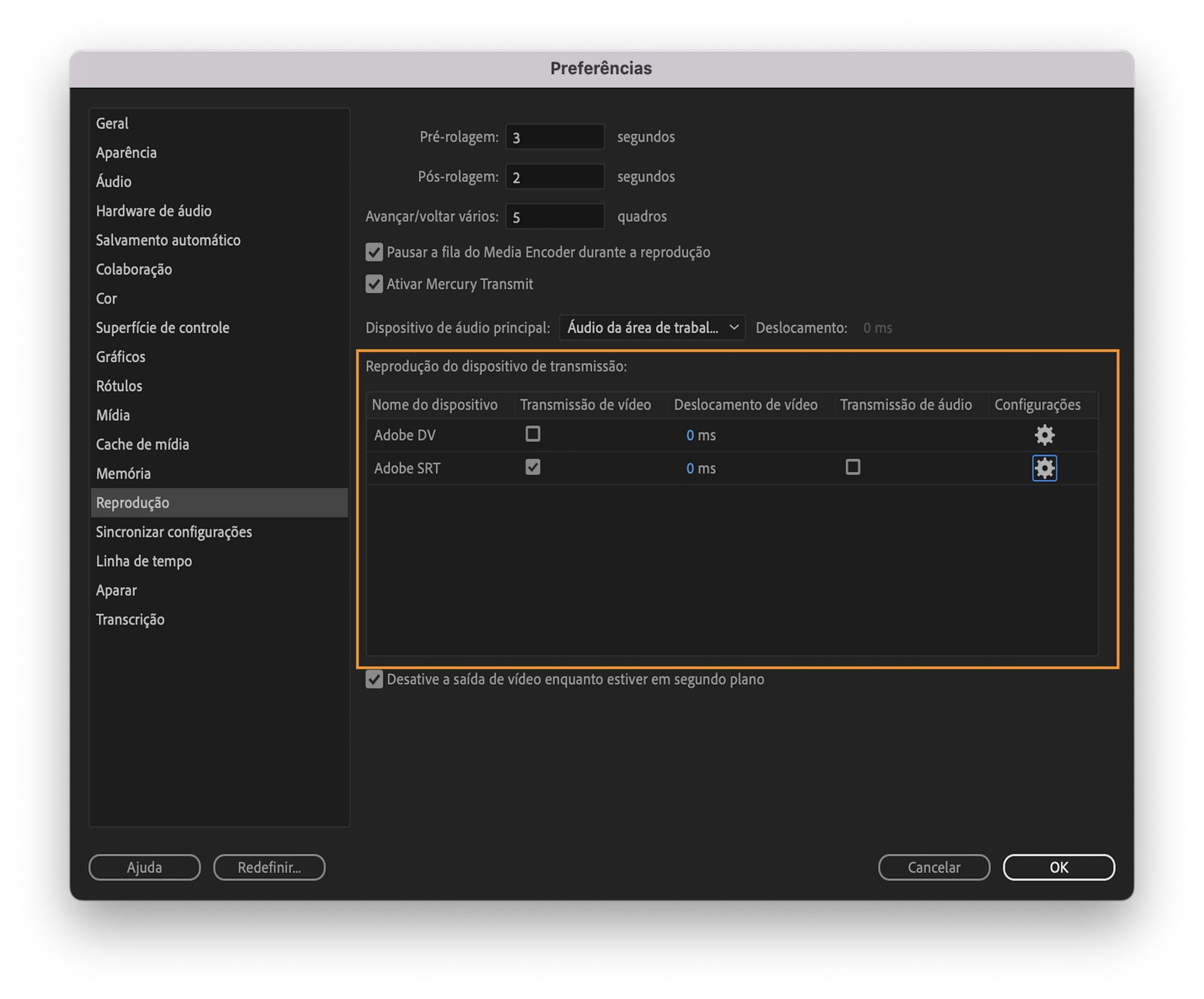 Interface das configurações de reprodução do dispositivo de transmissão mostrando a opção de SRT da Adobe para habilitar a transmissão de vídeo e áudio para locais diferentes.