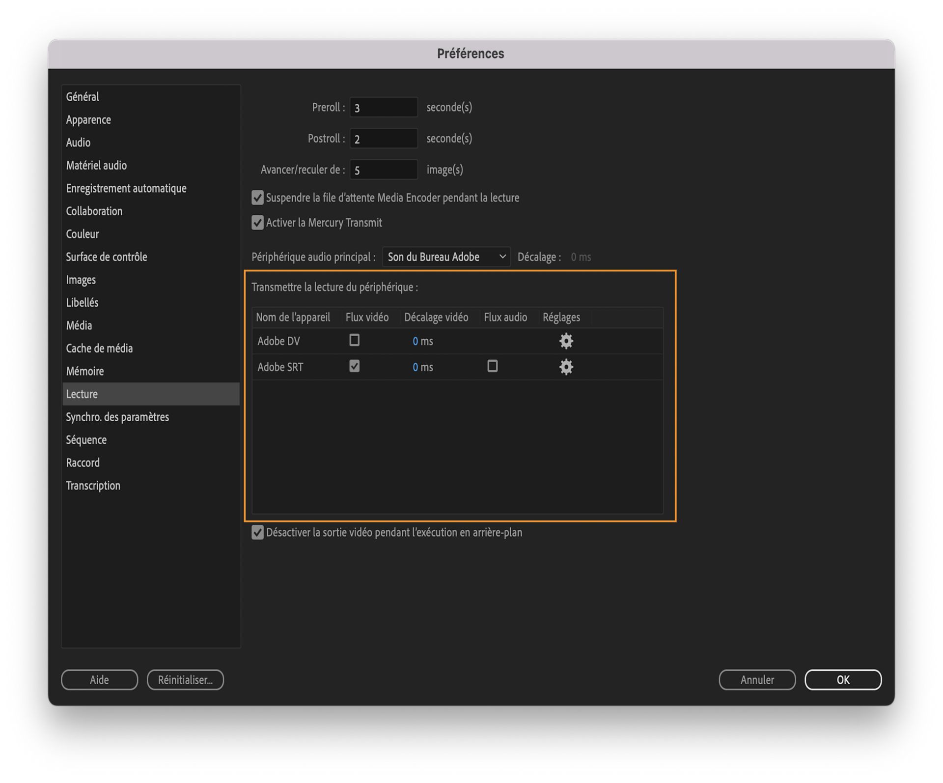 L’interface utilisateur des paramètres de lecture de l’appareil de transmission, affichant l’option Adobe SRT, vous permet de diffuser vos vidéos et audios vers différents emplacements.