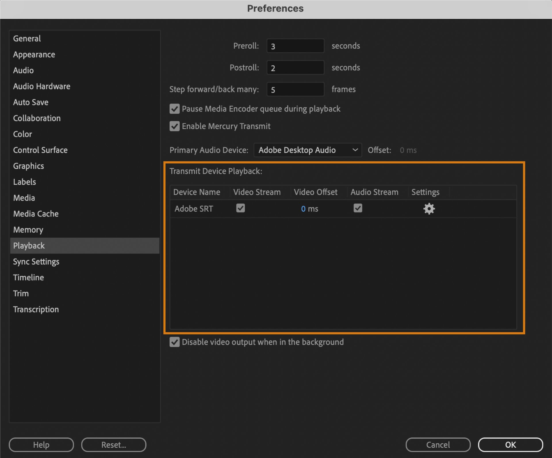 Transmit Device Playback settings UI showing Adobe SRT option to enable you to stream your video and audio to different locations.