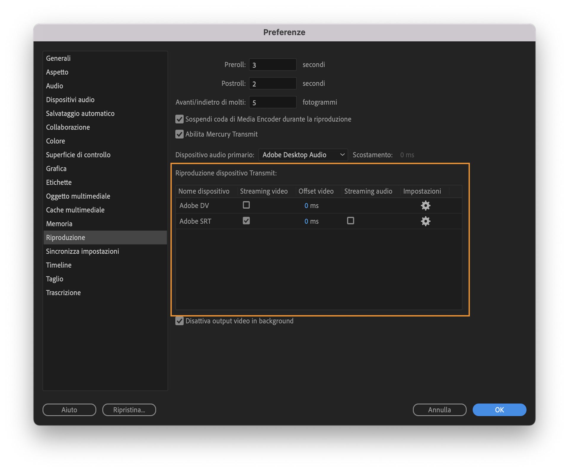 Interfaccia utente delle impostazioni della Riproduzione dispositivo Transmit che mostra l’opzione di Adobe SRT per consentire lo streaming di video e audio in posizioni diverse.