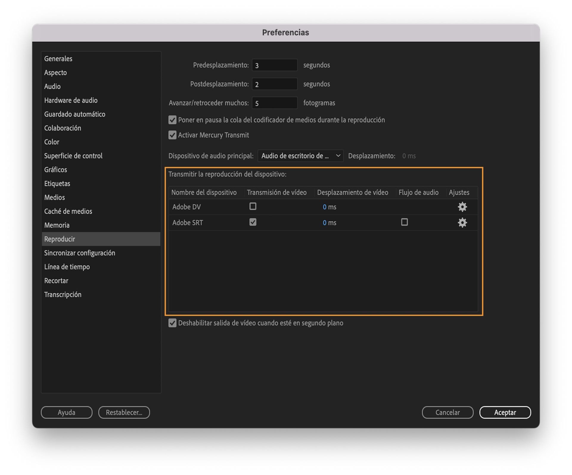 La interfaz de usuario de la configuración de reproducción de dispositivos de transmisión muestra la opción de Adobe SRT para permitir la transmisión de vídeo y audio a diferentes ubicaciones.