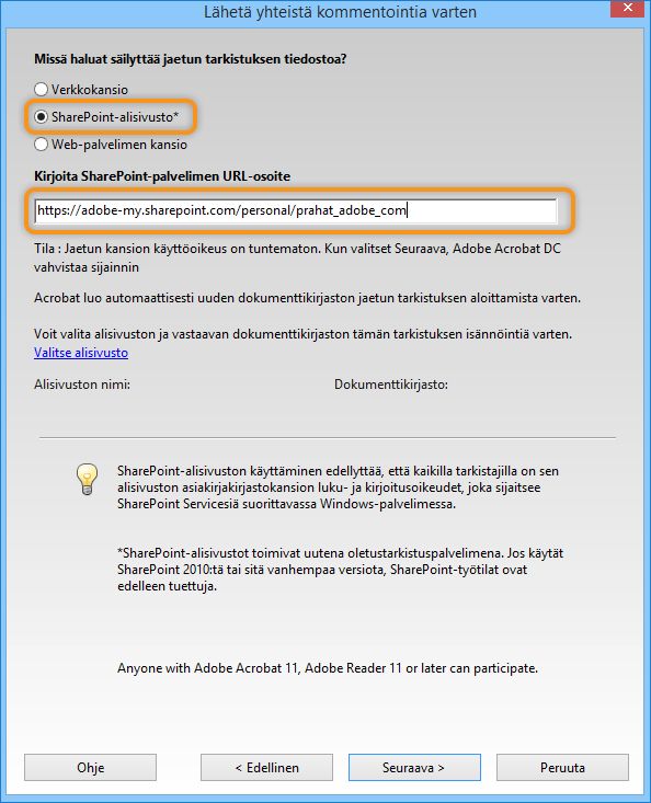 SharePoint-alisivusto ja sen URL-osoite