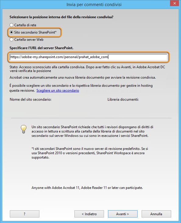 Sito secondario di SharePoint e il relativo URL