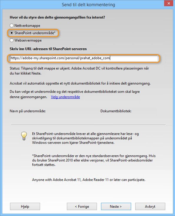 SharePoint-underområde og dets URL-adresse