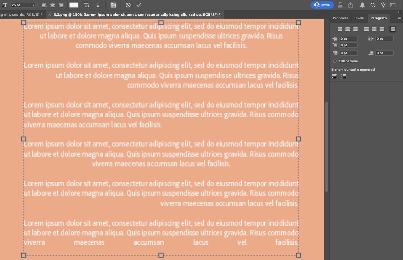 Esempio di testo con sei paragrafi dove i primi due sono centrati e allineati a destra.Gli altri quattro sono giustificati a sinistra, al centro, a destra e completamente.Il pannello Paragrafo è aperto con tutte le opzioni di allineamento, giustificazione, rientro e spaziatura.