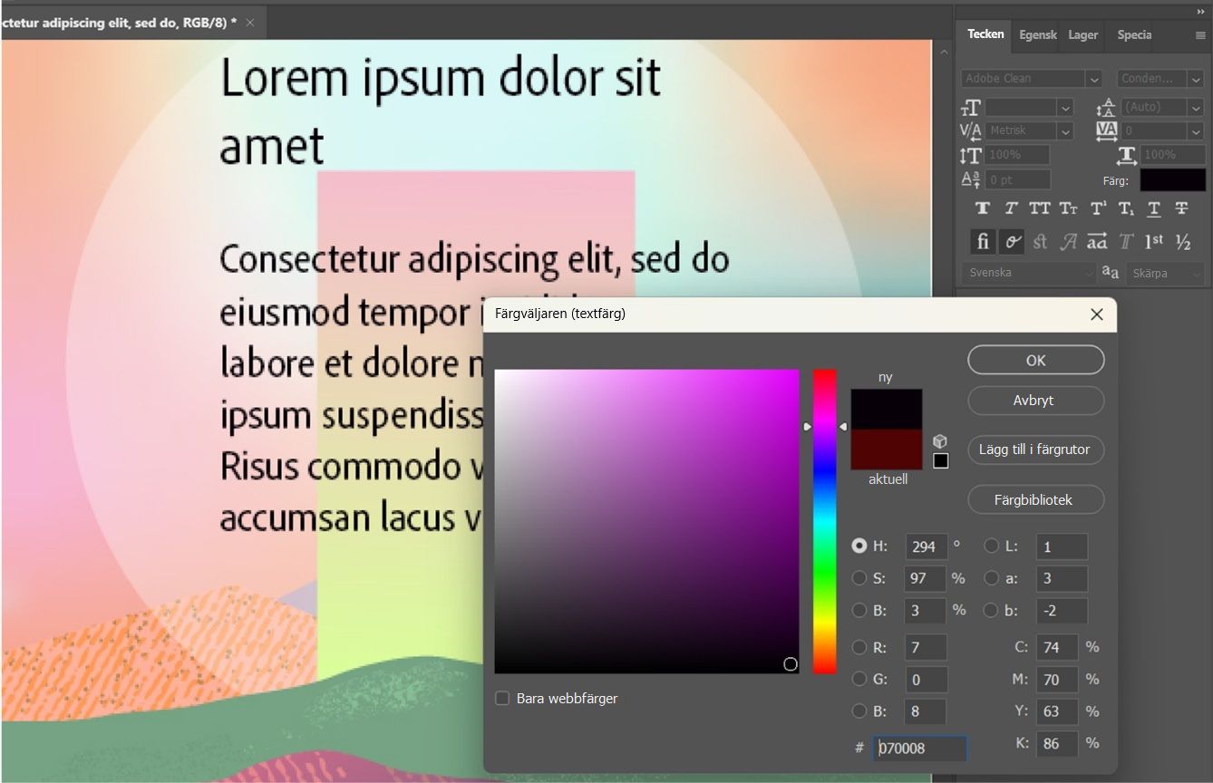 Exempeltext med character panel och dialogrutan Color Picker (Text Color) öppen. Färgen svart är markerad som ny och färgen brun är markerad som aktuell. Det valda textlagret är färgat svart.