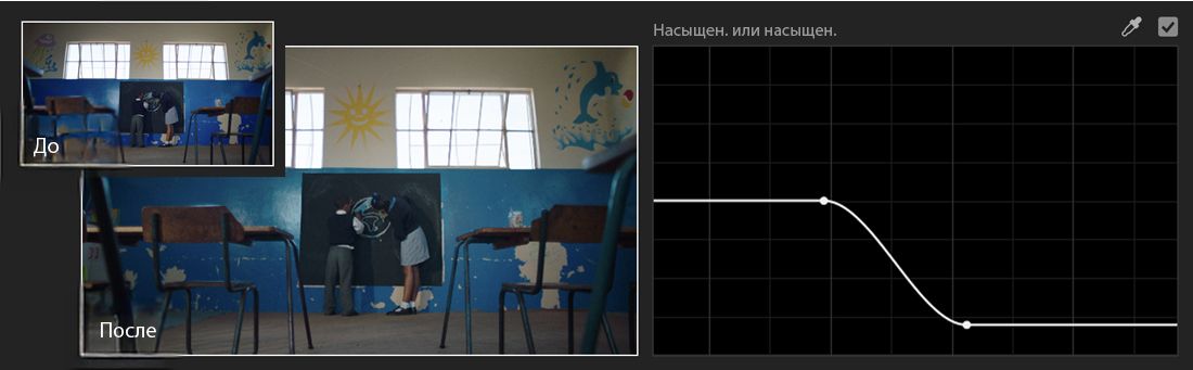 Пример настройки кривой «Насыщен. или насыщен.», показывающий изображение до и после выборочной манипуляции насыщенностью.