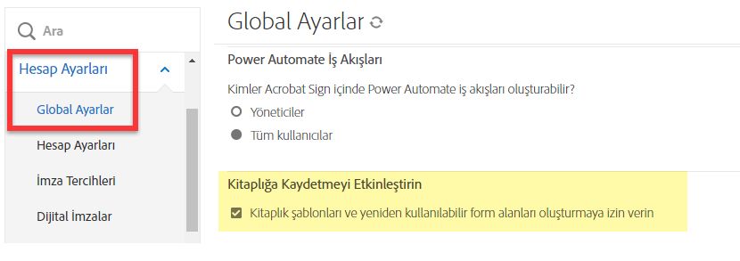 Kitaplığa Kaydetmeyi Etkinleştir kontrolleri