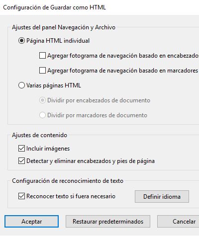 Configuración de Guardar como HTML