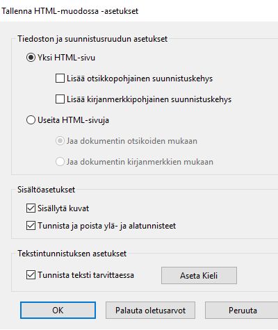 Tallenna HTML-muodossa -asetukset