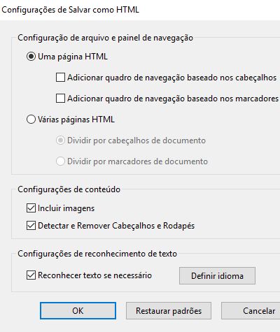 Configurações de Salvar como HTML