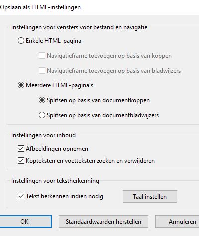 Instellingen voor Opslaan als HTML