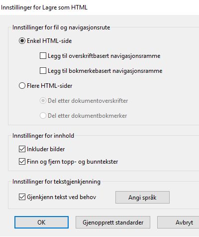 Innstillinger for Lagre som HTML