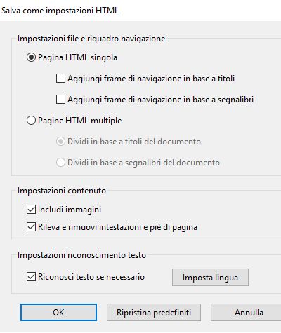 Impostazioni per salvare in HTML