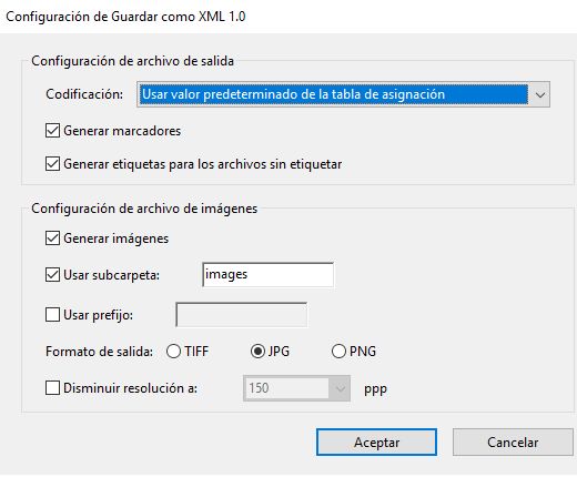 Configuración de Guardar como XML