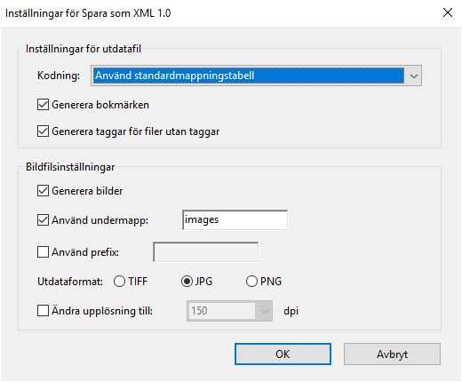 Inställningar för Spara som XML