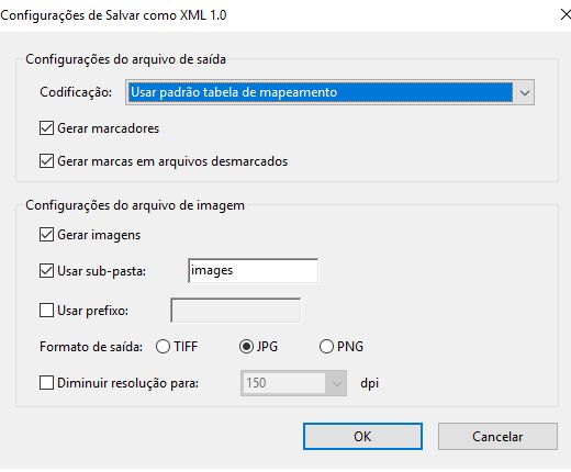 Configurações de Salvar como XML