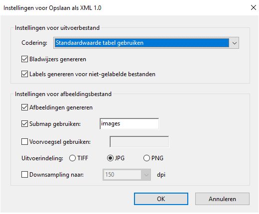 Instellingen voor Opslaan als XML