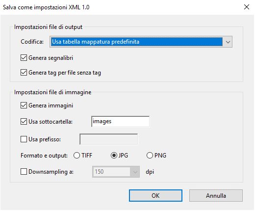 Impostazioni per salvare in XML