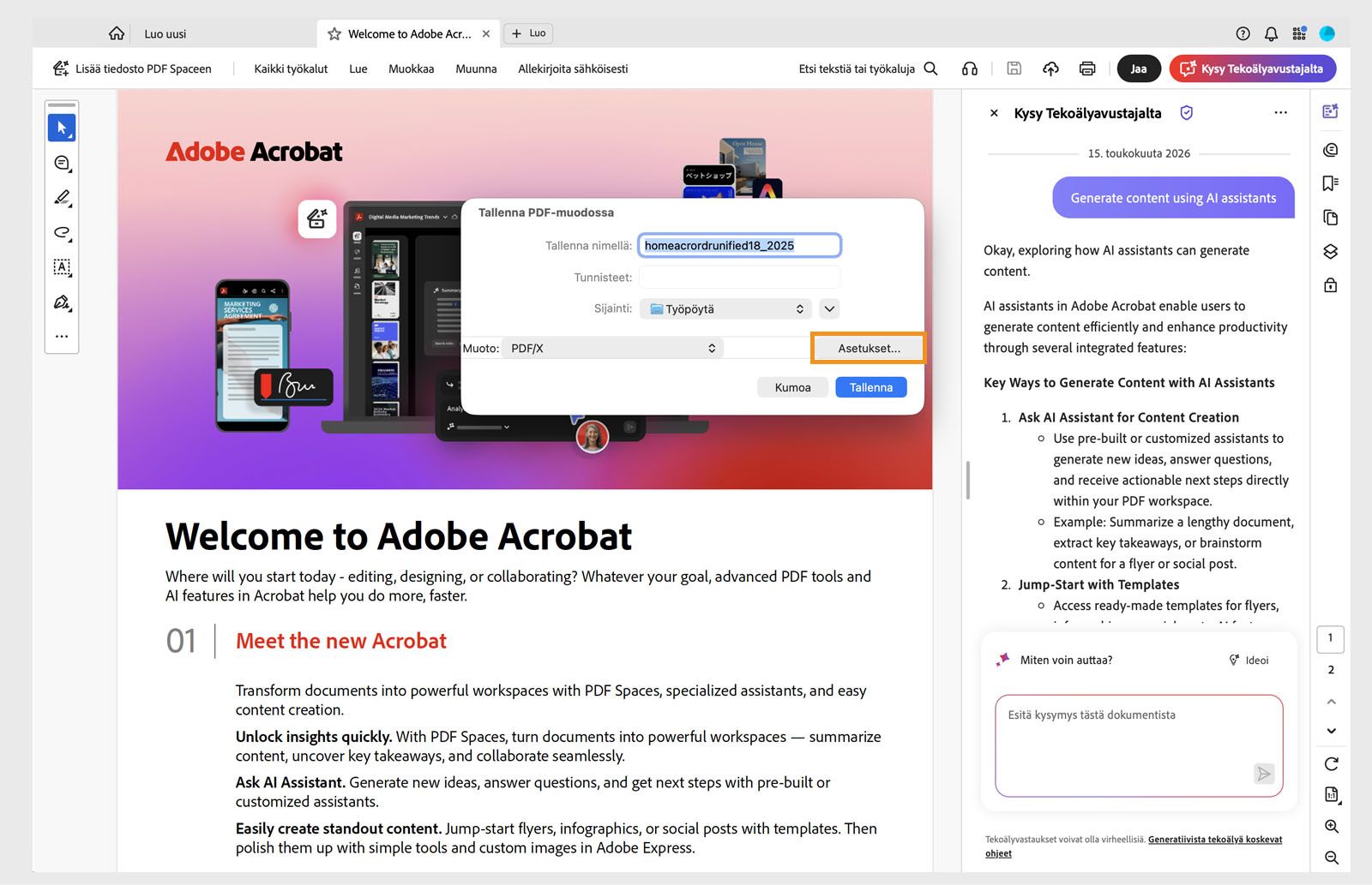 Acrobat Pro:n Tallenna nimellä -valintaikkuna, jossa PDF/X on valittu ja Asetukset-painike muuntoasetuksia varten.